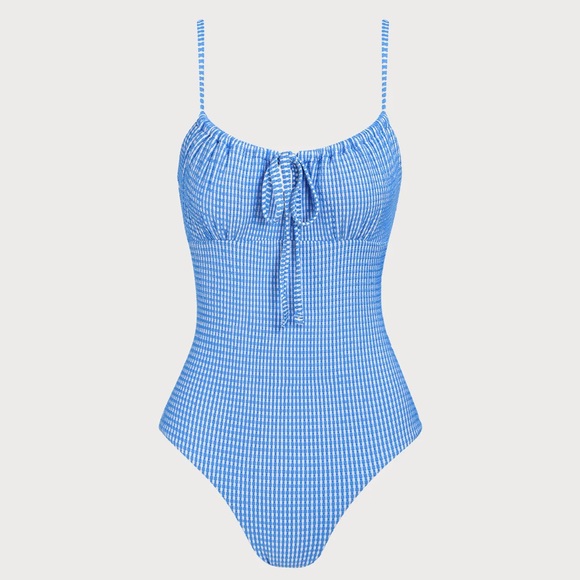 Berlook Blue Plaid Drawstring One-Piece Swimsuit - Picture 5 of 8